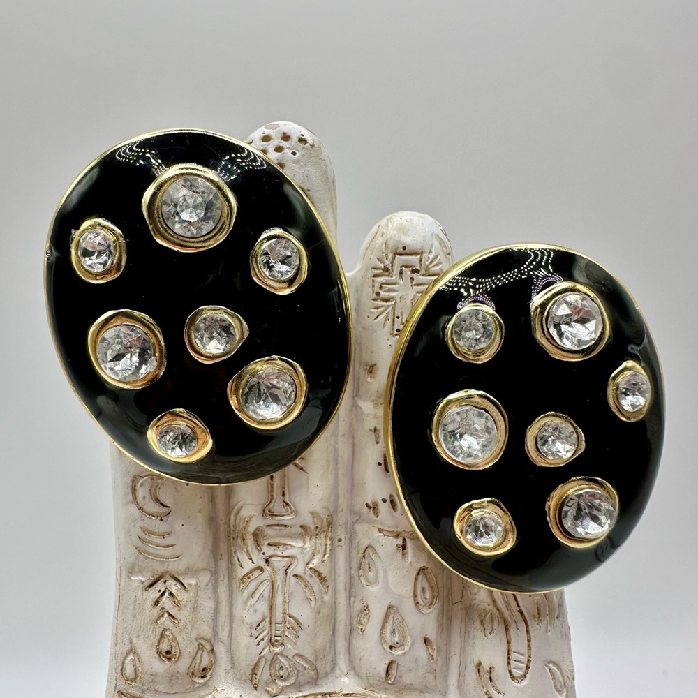 Chic Vintage Black Clip Earrings with Gold and Crystal Accents